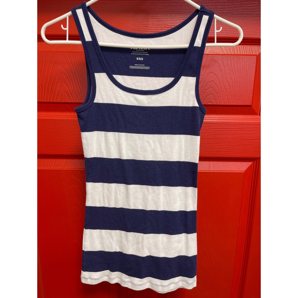 Old Navy Perfect Tank Navy Blue White Striped Ribbed Sleeveless Top Medium